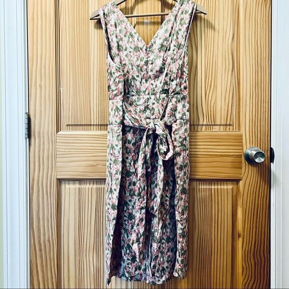 Talbots pink green white sleeveless cross bodice retro style midi dress 16 - Picture 2 of 10